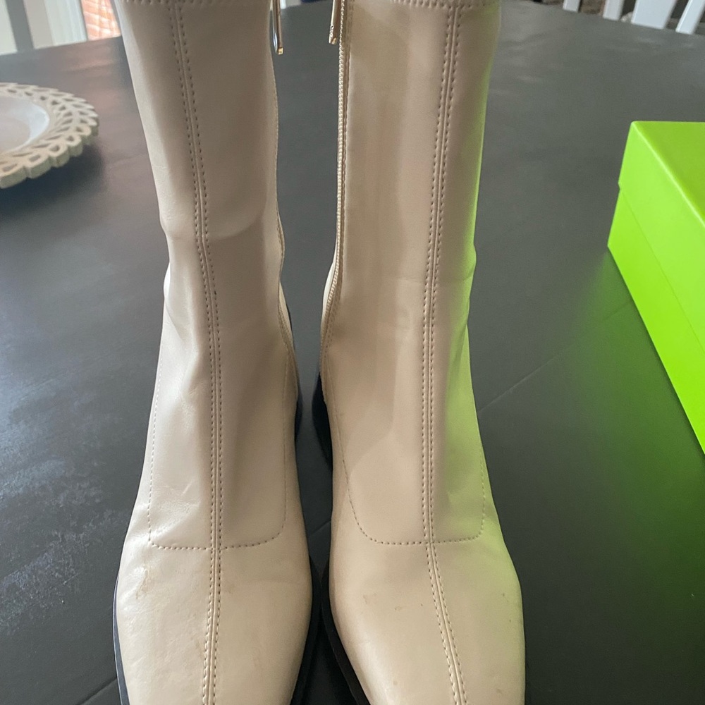 Sam Edelman Cream Heeled Boots with Square Toe